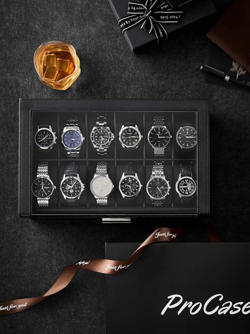 12-Slot Men's Watch Display Box - Elegant Black Storage Organizer for Watches